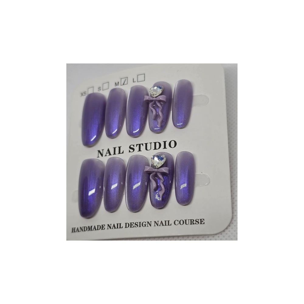Purple Cat Eye Press On Nails Size M Medium Oval 3D Bow Heart Crystal - Picture 2 of 3